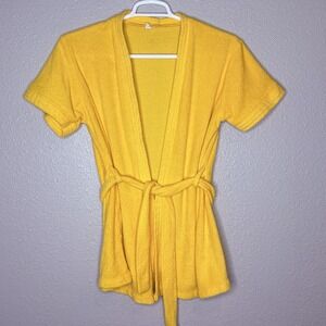 VTG 70s Yellow Short Terry Cloth Wrap Robe Belted Spa Lounge Coverup Bright S/M